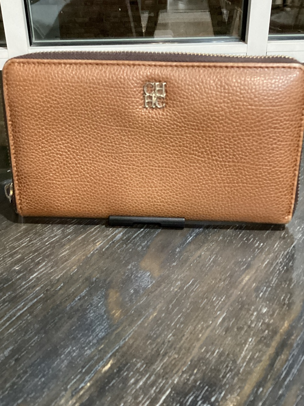Carolina Herrera Brown Pebbled Leather Zip Wallet